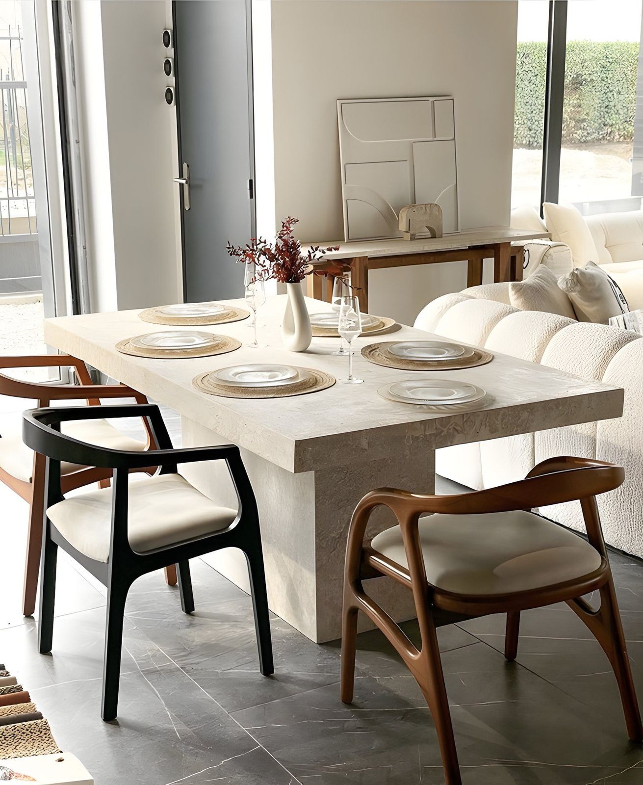 Table à manger en travertin sur mesure, plateau sur deux pieds rectangulaires
